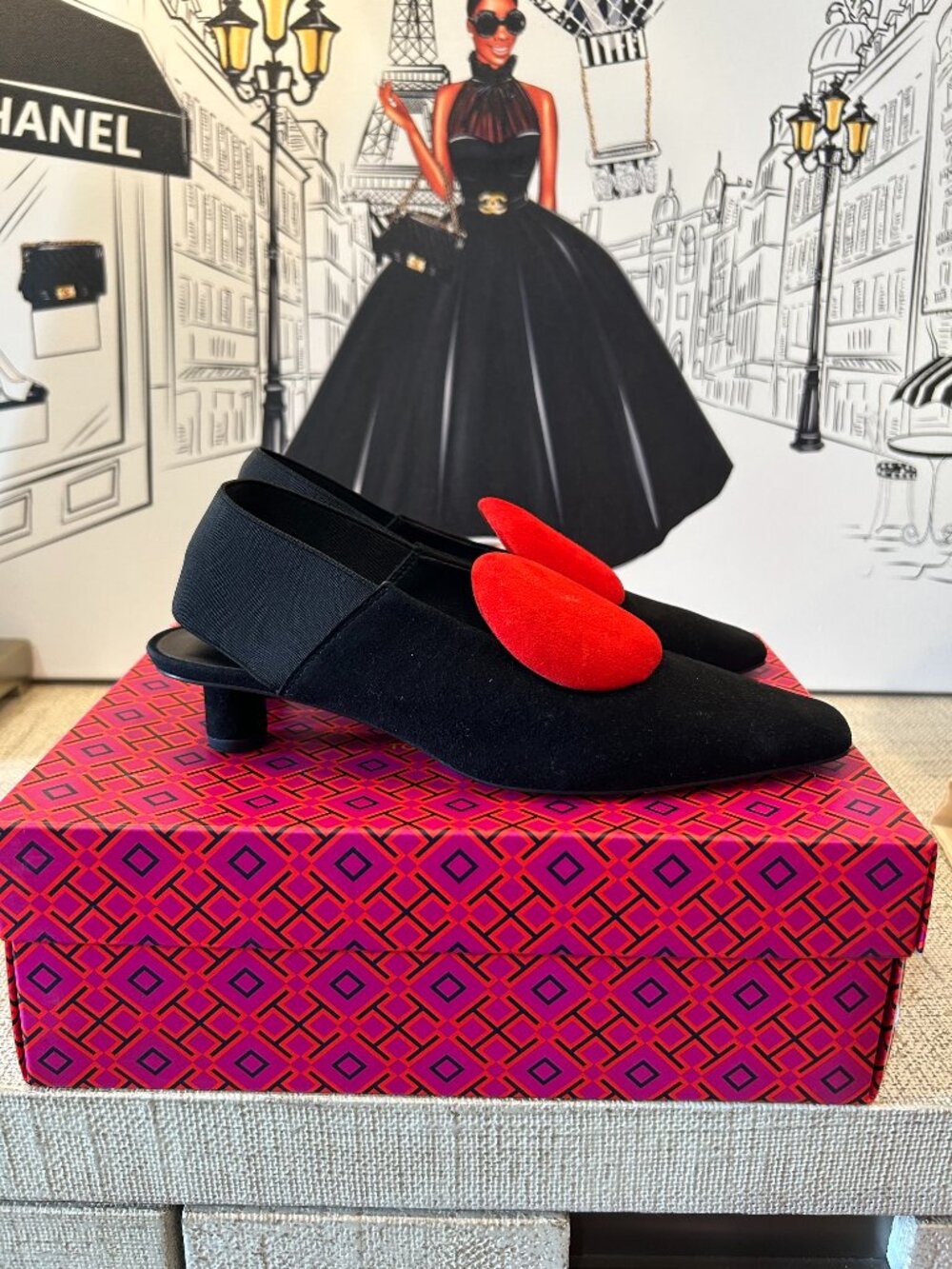 Tory Burch Suede Slingback Pumps in Perfect Black/Triple Red